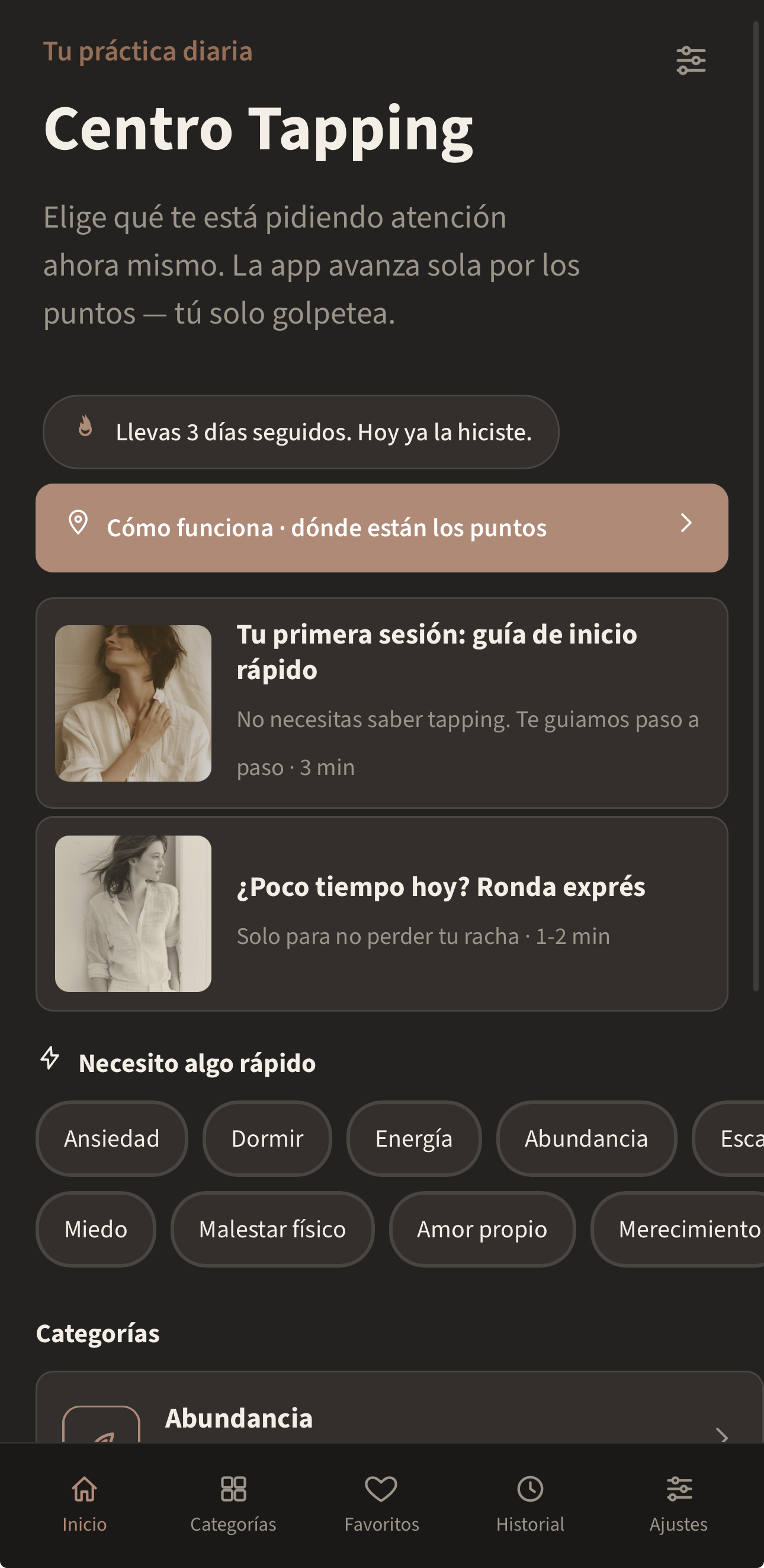 Pantalla de inicio de Centro Tapping